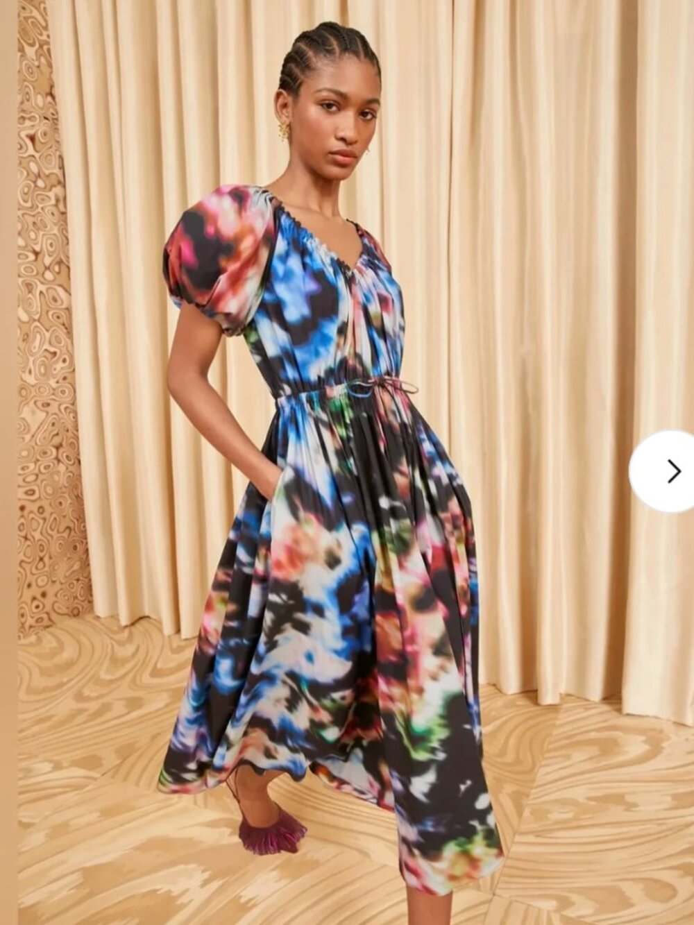 ULLA JOHNSON Vika Cotton Watercolor Abstract Puff Sleeve Midi Dress Boho 4 / M